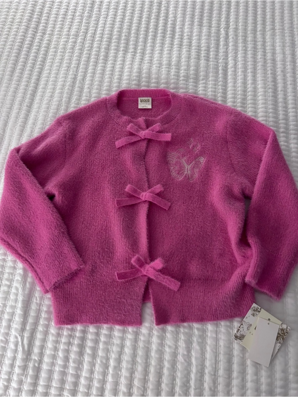 Wicked by Katie Kime Fuzzy Pink Bow-Front Cardigan. Size 10/12. NWT